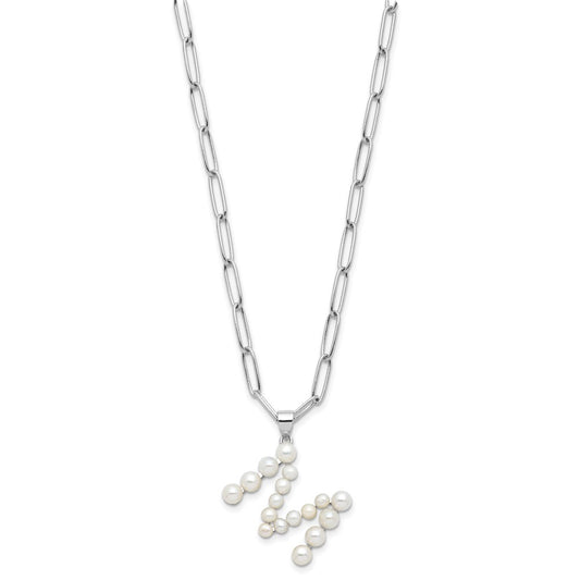 Sterling Silver Rhodium-plated 3-5.5mm White Button Freshwater Cultured Pearl LETTER M 18 inch Necklace QH5808M-18