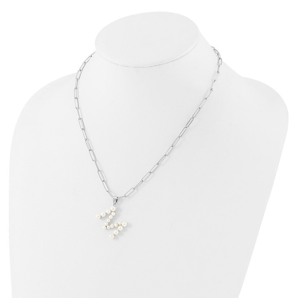 Sterling Silver Rhodium-plated 3-5.5mm White Button Freshwater Cultured Pearl LETTER M 18 inch Necklace QH5808M-18
