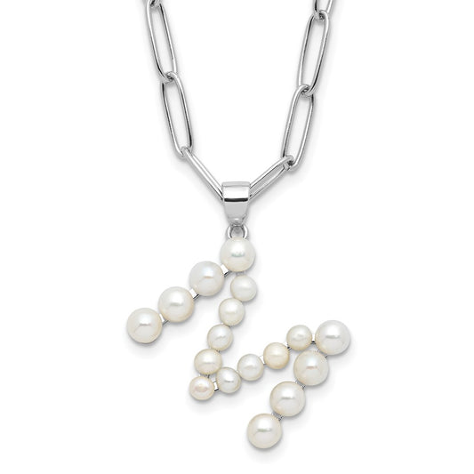 Sterling Silver Rhodium-plated 3-5.5mm White Button Freshwater Cultured Pearl LETTER M 18 inch Necklace QH5808M-18