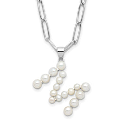 Sterling Silver Rhodium-plated 3-5.5mm White Button Freshwater Cultured Pearl LETTER M 18 inch Necklace QH5808M-18