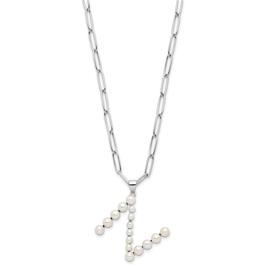 Sterling Silver Rhodium-plated 3-5.5mm White Button Freshwater Cultured Pearl LETTER N 18 inch Necklace QH5808N-18