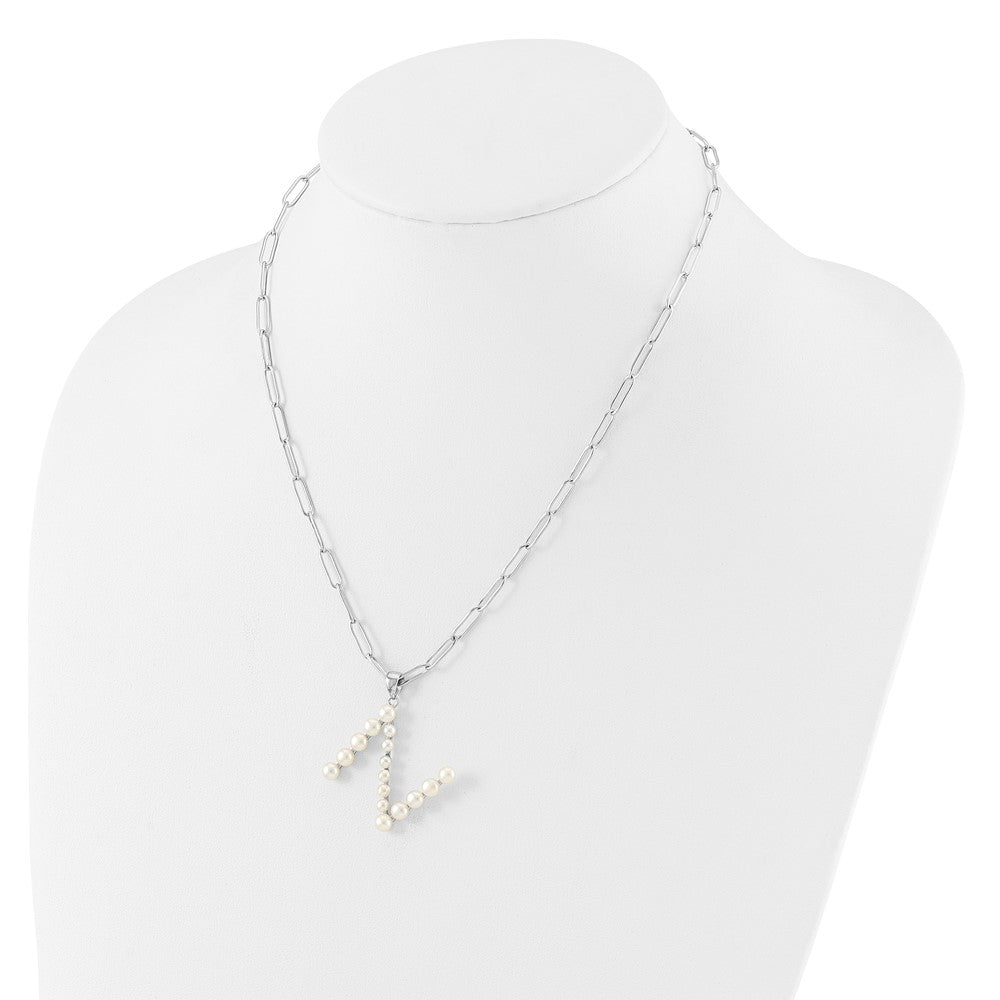 Sterling Silver Rhodium-plated 3-5.5mm White Button Freshwater Cultured Pearl LETTER N 18 inch Necklace QH5808N-18