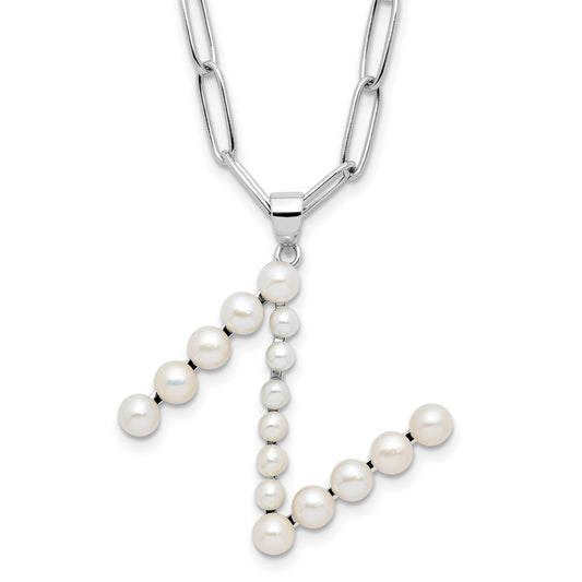 Sterling Silver Rhodium-plated 3-5.5mm White Button Freshwater Cultured Pearl LETTER N 18 inch Necklace QH5808N-18