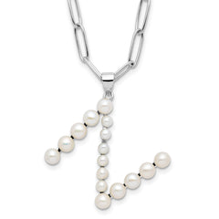 Sterling Silver Rhodium-plated 3-5.5mm White Button Freshwater Cultured Pearl LETTER N 18 inch Necklace QH5808N-18