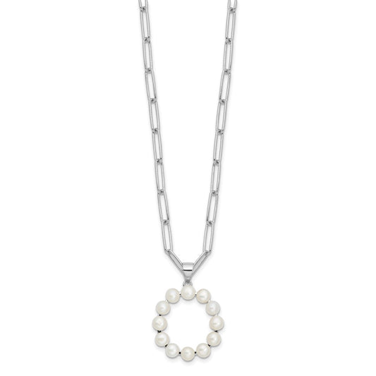 Sterling Silver Rhodium-plated 3-5.5mm White Button Freshwater Cultured Pearl LETTER O 18 inch Necklace QH5808O-18