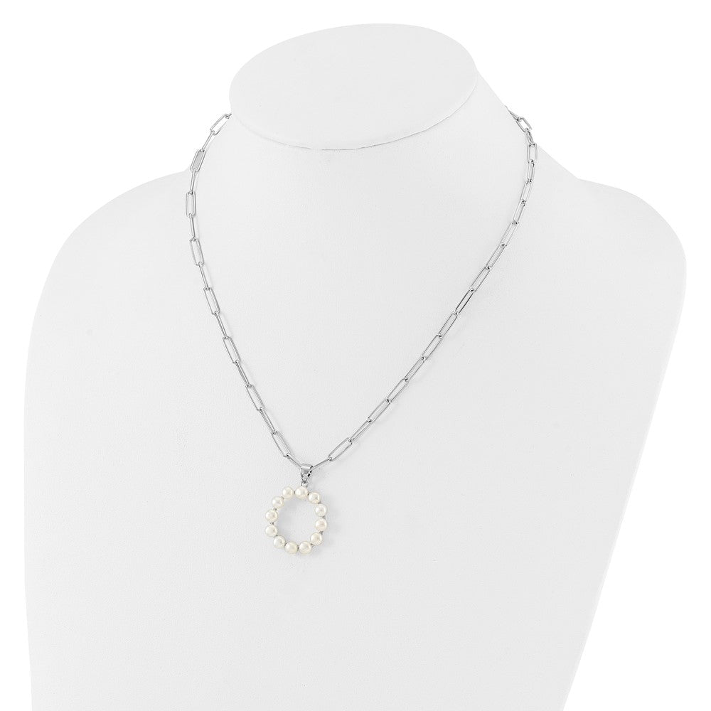 Sterling Silver Rhodium-plated 3-5.5mm White Button Freshwater Cultured Pearl LETTER O 18 inch Necklace QH5808O-18
