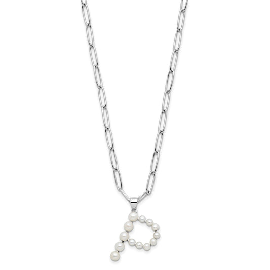 Sterling Silver Rhodium-plated 3-5.5mm White Button Freshwater Cultured Pearl LETTER P 18 inch Necklace QH5808P-18