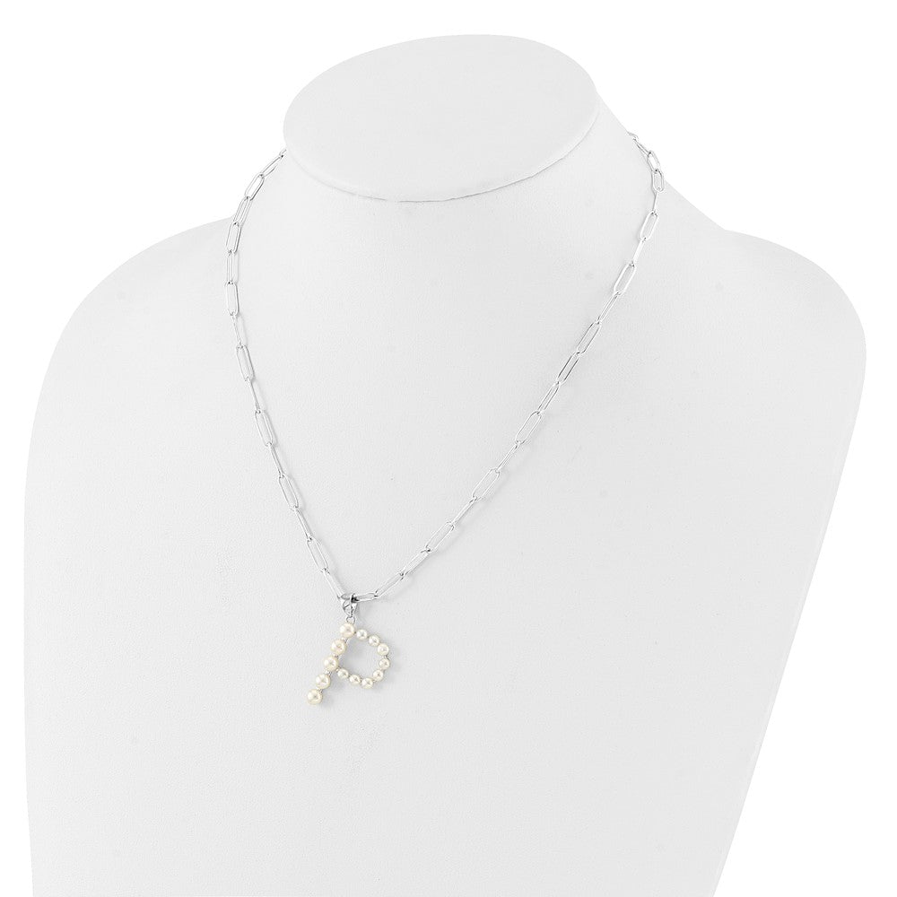 Sterling Silver Rhodium-plated 3-5.5mm White Button Freshwater Cultured Pearl LETTER P 18 inch Necklace QH5808P-18