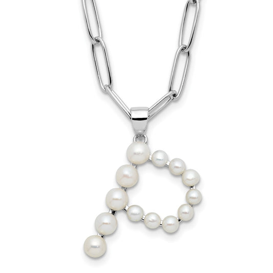 Sterling Silver Rhodium-plated 3-5.5mm White Button Freshwater Cultured Pearl LETTER P 18 inch Necklace QH5808P-18