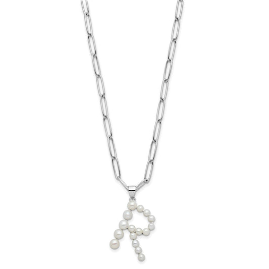 Sterling Silver Rhodium-plated 3-5.5mm White Button Freshwater Cultured Pearl LETTER R 18 inch Necklace QH5808R-18