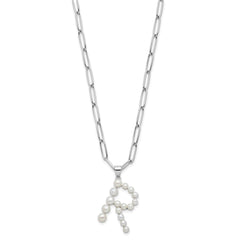 Sterling Silver Rhodium-plated 3-5.5mm White Button Freshwater Cultured Pearl LETTER R 18 inch Necklace QH5808R-18