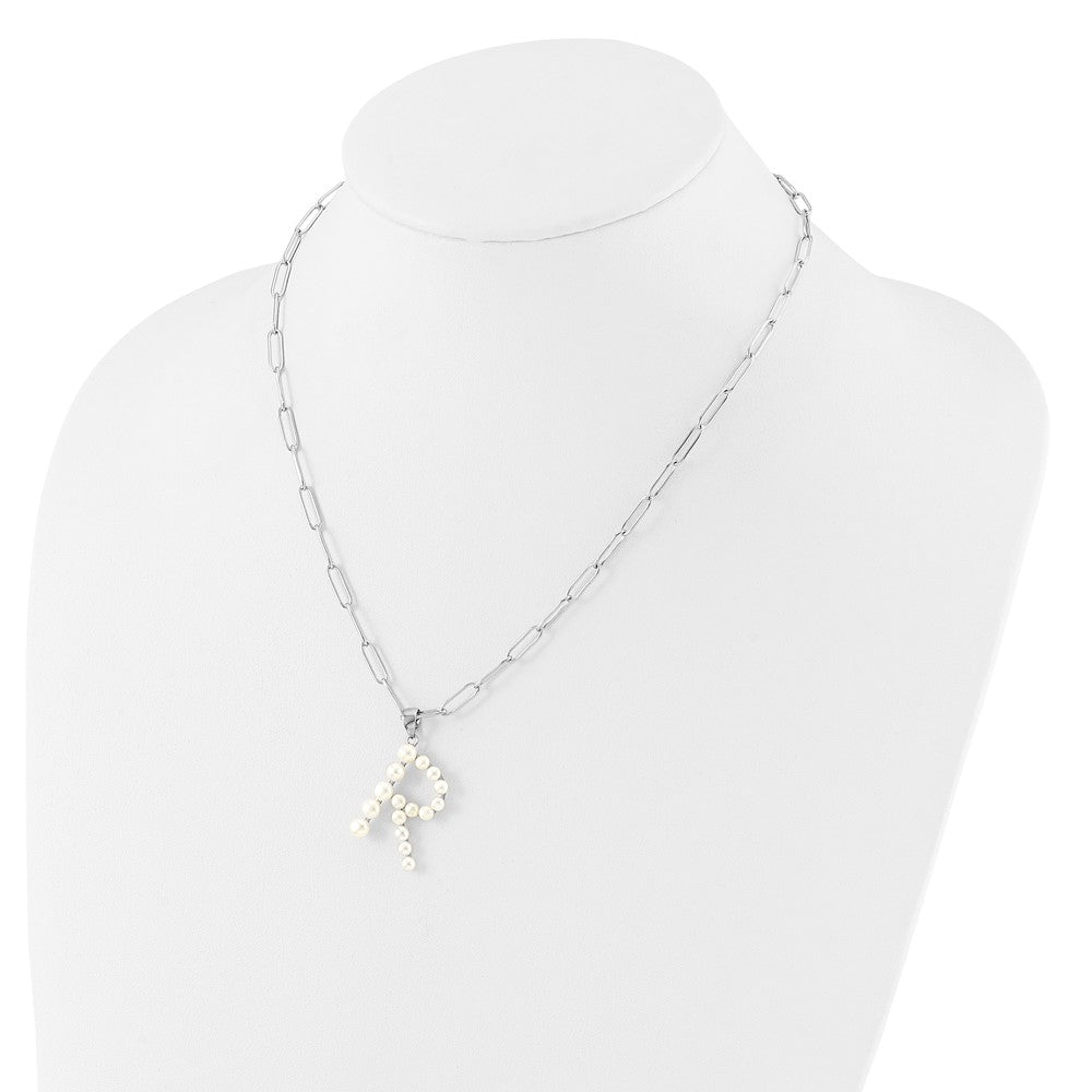 Sterling Silver Rhodium-plated 3-5.5mm White Button Freshwater Cultured Pearl LETTER R 18 inch Necklace QH5808R-18