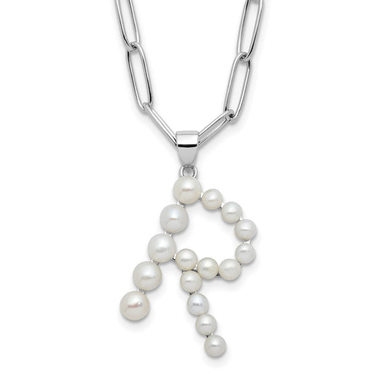 Sterling Silver Rhodium-plated 3-5.5mm White Button Freshwater Cultured Pearl LETTER R 18 inch Necklace QH5808R-18