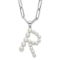 Sterling Silver Rhodium-plated 3-5.5mm White Button Freshwater Cultured Pearl LETTER R 18 inch Necklace QH5808R-18
