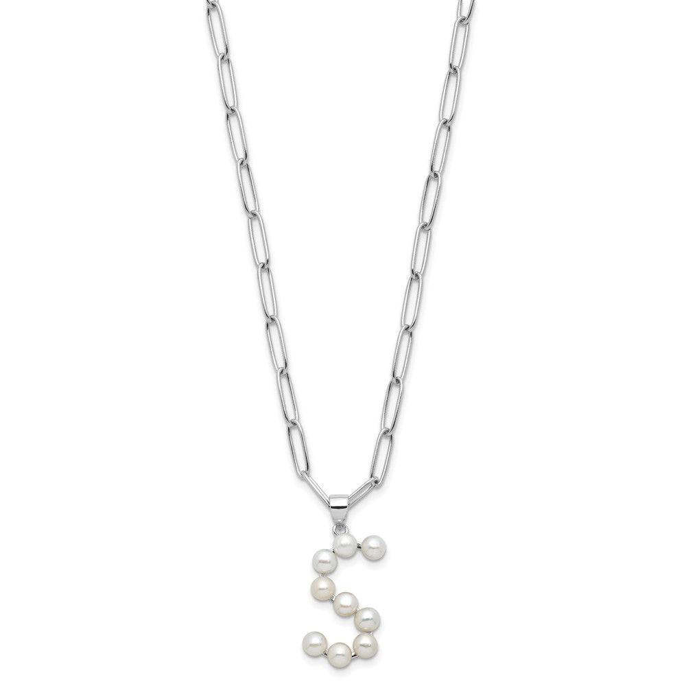 Sterling Silver Rhodium-plated 3-5.5mm White Button Freshwater Cultured Pearl LETTER S 18 inch Necklace QH5808S-18