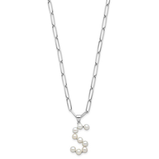 Sterling Silver Rhodium-plated 3-5.5mm White Button Freshwater Cultured Pearl LETTER S 18 inch Necklace QH5808S-18