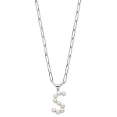 Sterling Silver Rhodium-plated 3-5.5mm White Button Freshwater Cultured Pearl LETTER S 18 inch Necklace QH5808S-18