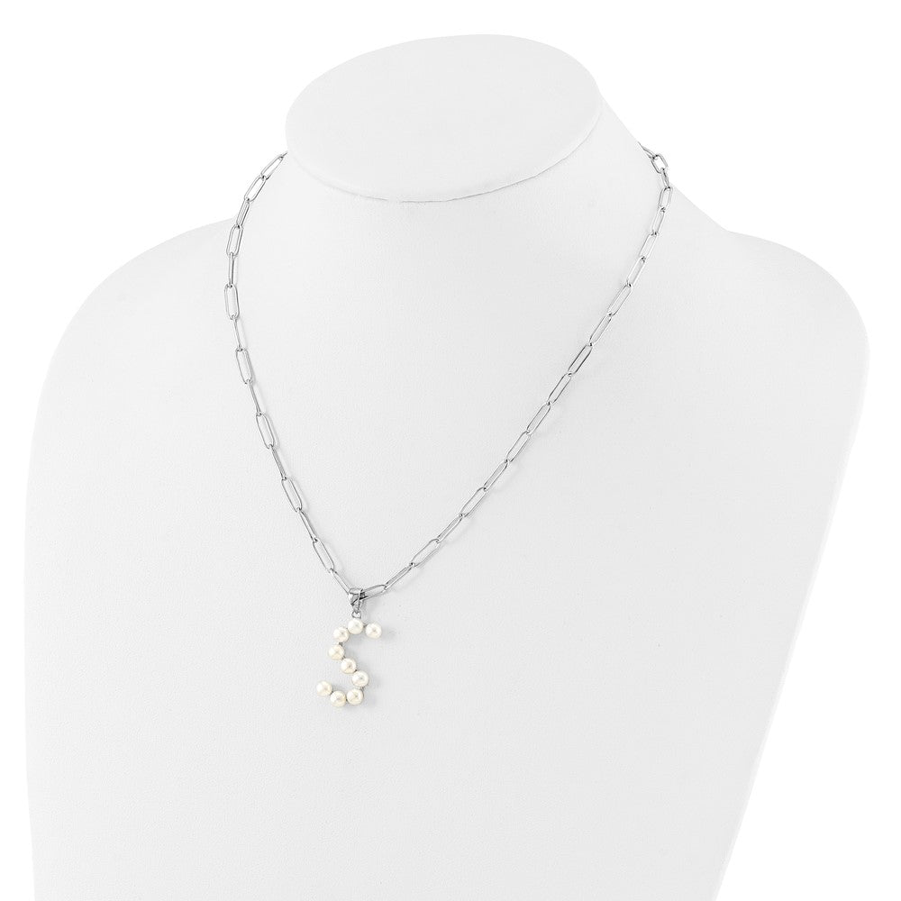 Sterling Silver Rhodium-plated 3-5.5mm White Button Freshwater Cultured Pearl LETTER S 18 inch Necklace QH5808S-18