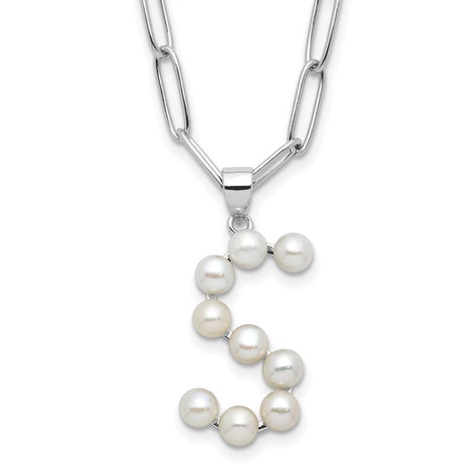 Sterling Silver Rhodium-plated 3-5.5mm White Button Freshwater Cultured Pearl LETTER S 18 inch Necklace QH5808S-18