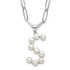 Sterling Silver Rhodium-plated 3-5.5mm White Button Freshwater Cultured Pearl LETTER S 18 inch Necklace QH5808S-18