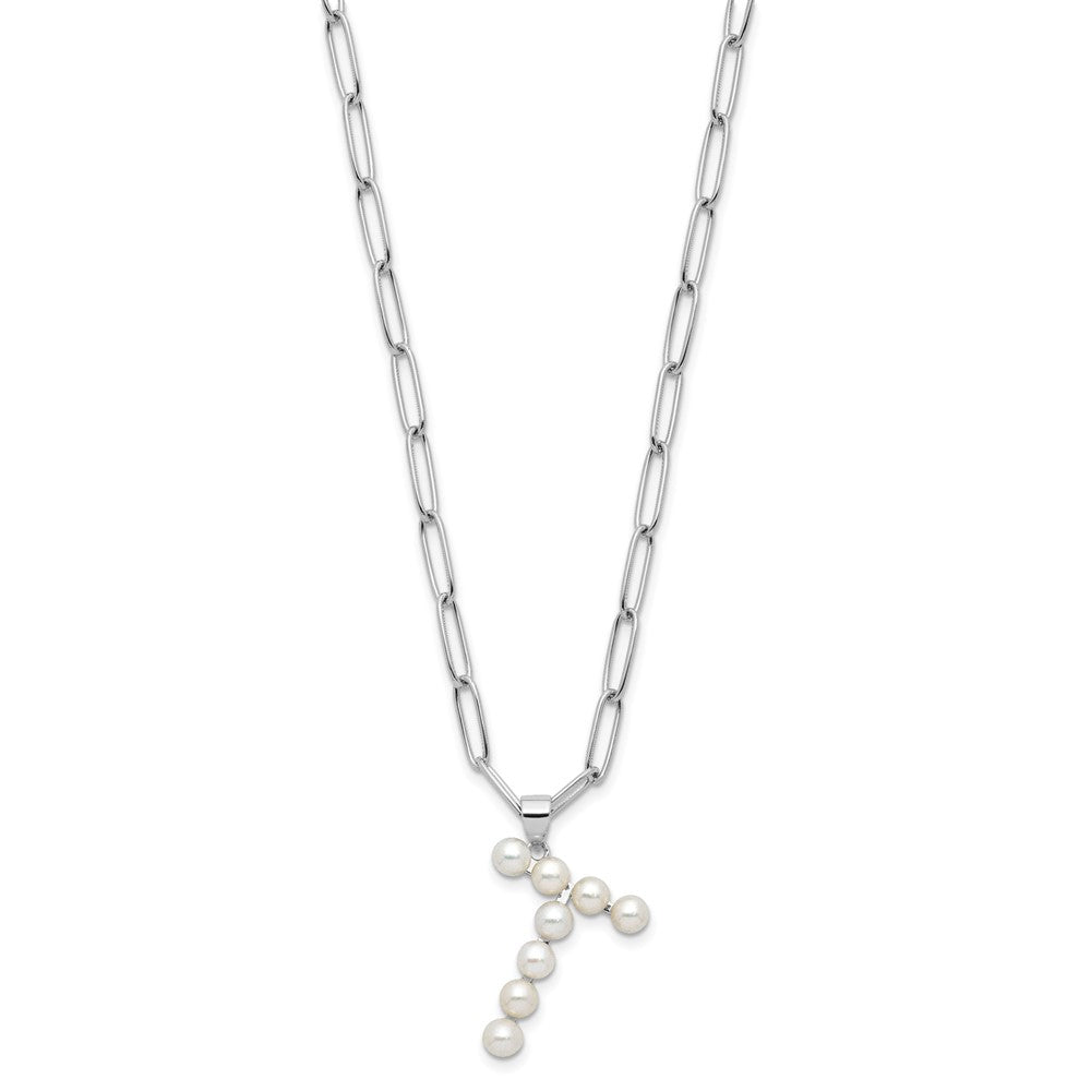 Sterling Silver Rhodium-plated 3-5.5mm White Button Freshwater Cultured Pearl LETTER T 18 inch Necklace QH5808T-18
