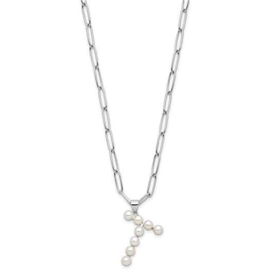 Sterling Silver Rhodium-plated 3-5.5mm White Button Freshwater Cultured Pearl LETTER T 18 inch Necklace QH5808T-18