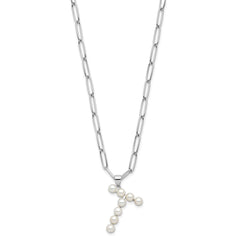 Sterling Silver Rhodium-plated 3-5.5mm White Button Freshwater Cultured Pearl LETTER T 18 inch Necklace QH5808T-18