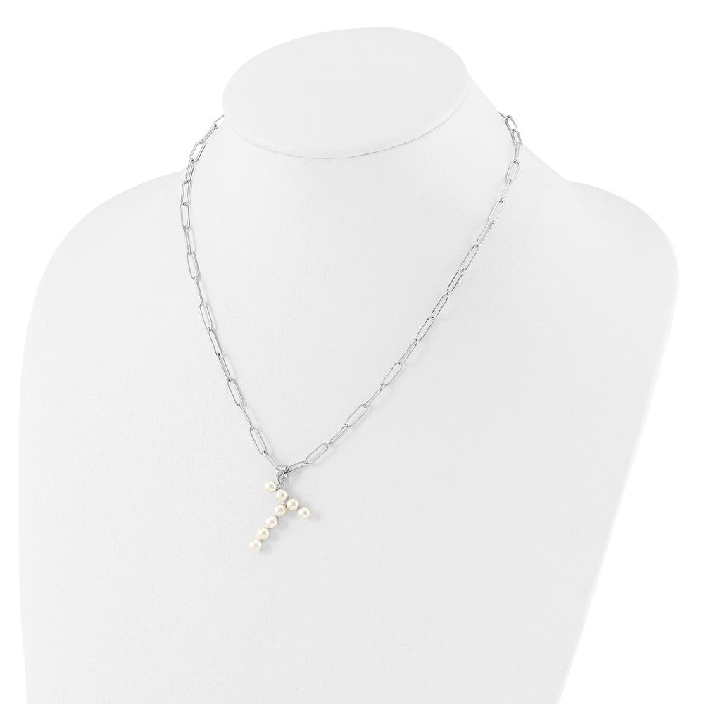 Sterling Silver Rhodium-plated 3-5.5mm White Button Freshwater Cultured Pearl LETTER T 18 inch Necklace QH5808T-18