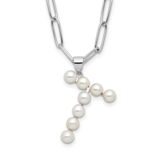 Sterling Silver Rhodium-plated 3-5.5mm White Button Freshwater Cultured Pearl LETTER T 18 inch Necklace QH5808T-18