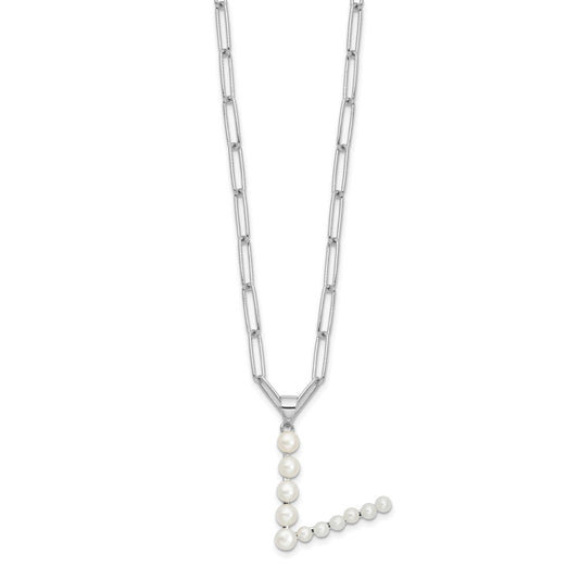 Sterling Silver Rhodium-plated 3-5.5mm White Button Freshwater Cultured Pearl LETTER V 18 inch Necklace QH5808V-18