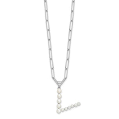 Sterling Silver Rhodium-plated 3-5.5mm White Button Freshwater Cultured Pearl LETTER V 18 inch Necklace QH5808V-18