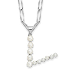 Sterling Silver Rhodium-plated 3-5.5mm White Button Freshwater Cultured Pearl LETTER V 18 inch Necklace QH5808V-18