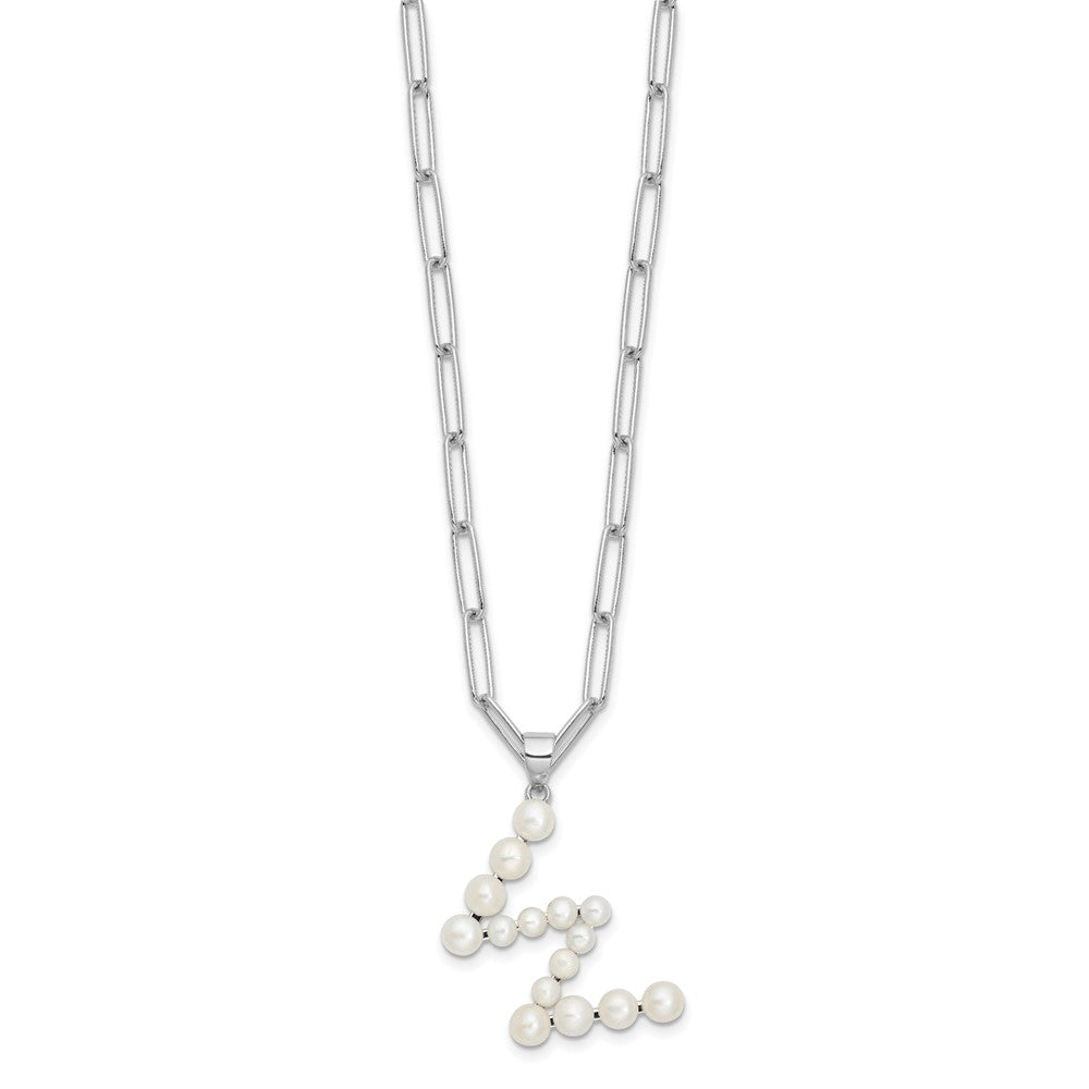 Sterling Silver Rhodium-plated 3-5.5mm White Button Freshwater Cultured Pearl LETTER W 18 inch Necklace QH5808W-18