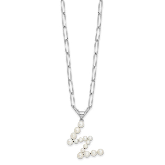 Sterling Silver Rhodium-plated 3-5.5mm White Button Freshwater Cultured Pearl LETTER W 18 inch Necklace QH5808W-18