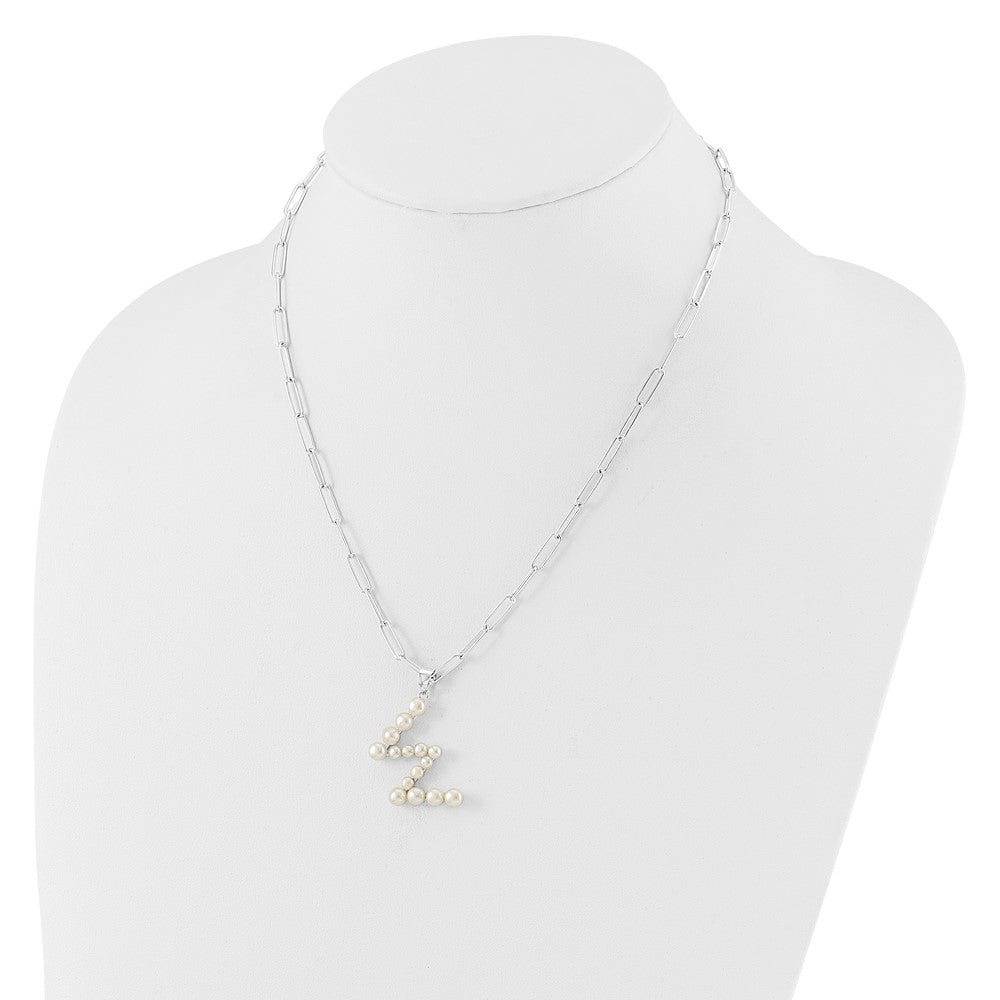 Sterling Silver Rhodium-plated 3-5.5mm White Button Freshwater Cultured Pearl LETTER W 18 inch Necklace QH5808W-18