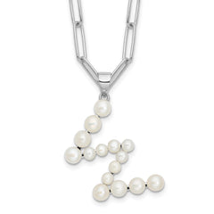 Sterling Silver Rhodium-plated 3-5.5mm White Button Freshwater Cultured Pearl LETTER W 18 inch Necklace QH5808W-18