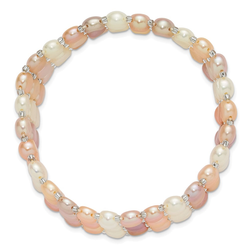 6-7mm Button White/Pink/Peach Freshwater Cultured Pearl and Glass Beaded 3-row Stretch Bracelet QH5837
