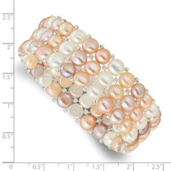 6-7mm Button White/Pink/Peach Freshwater Cultured Pearl and Glass Beaded 3-row Stretch Bracelet QH5837