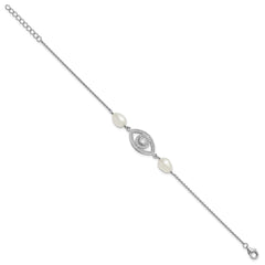 Sterling Silver Rhodium-plated 6-8mm Teardrop White Freshwater Cultured Pearl and CZ Evil Eye 7 inch with 1 inch Extender Bracelet QH5842-7
