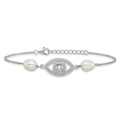 Sterling Silver Rhodium-plated 6-8mm Teardrop White Freshwater Cultured Pearl and CZ Evil Eye 7 inch with 1 inch Extender Bracelet QH5842-7