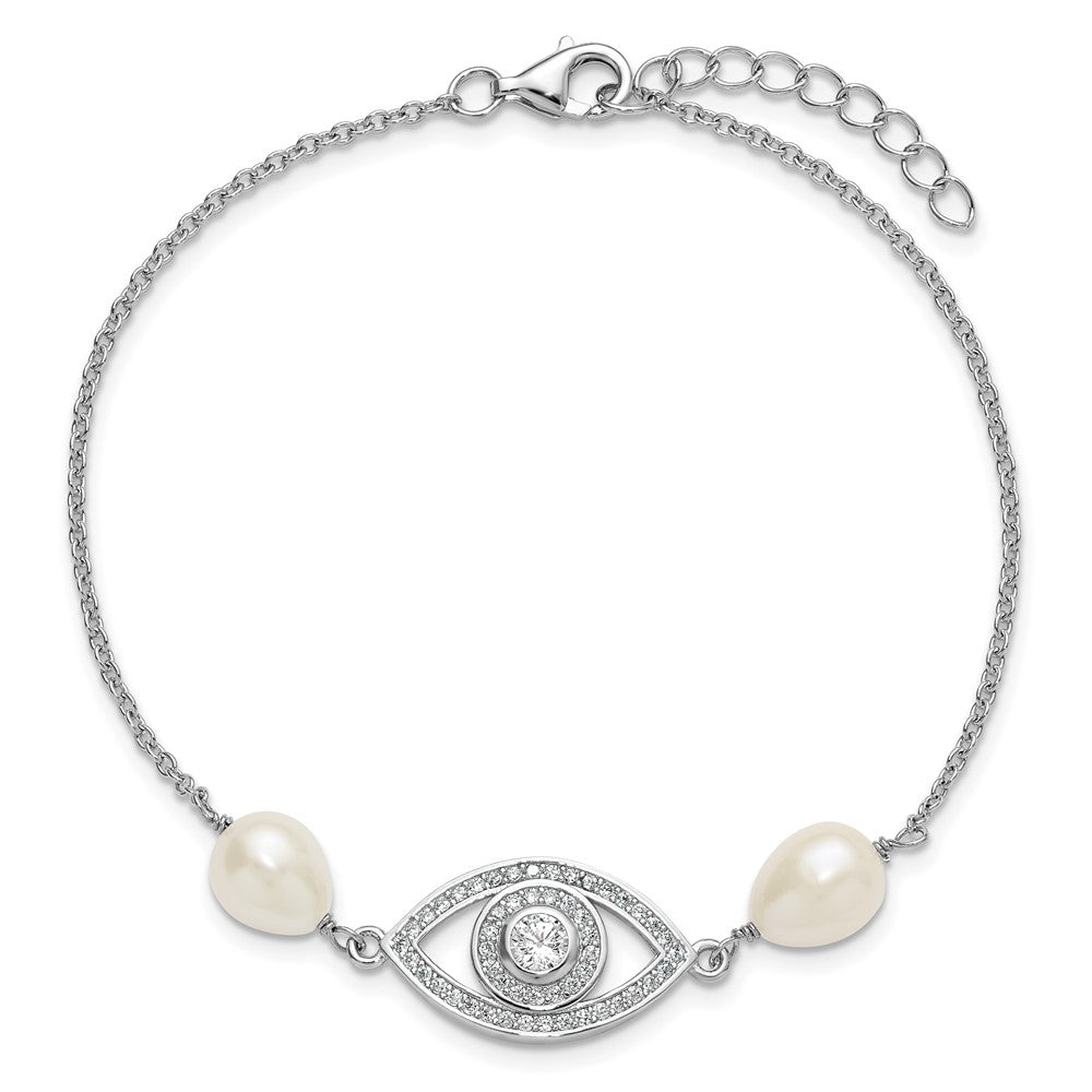 Sterling Silver Rhodium-plated 6-8mm Teardrop White Freshwater Cultured Pearl and CZ Evil Eye 7 inch with 1 inch Extender Bracelet QH5842-7