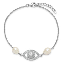 Sterling Silver Rhodium-plated 6-8mm Teardrop White Freshwater Cultured Pearl and CZ Evil Eye 7 inch with 1 inch Extender Bracelet QH5842-7