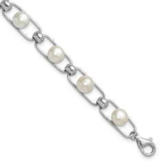 Sterling Silver Rhodium-plated 6-7mm Button White Freshwater Cultured Pearl 6.5 inch with 1 inch Extender Bracelet QH5843-6.5