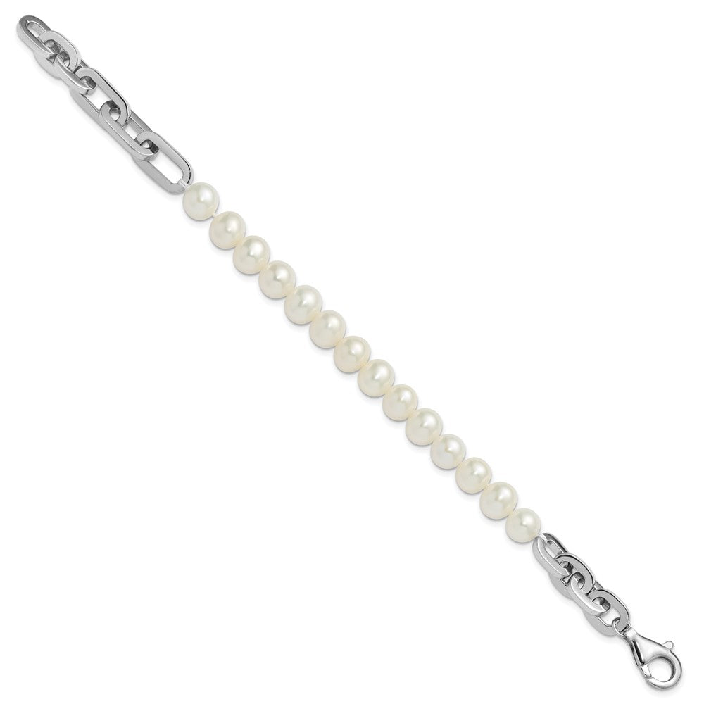Sterling Silver Rhodium-plated 7-8mm Round White Freshwater Cultured Pearl and Link 8 inch Bracelet QH5844-8