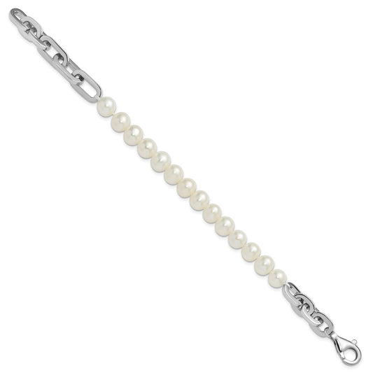 Sterling Silver Rhodium-plated 7-8mm Round White Freshwater Cultured Pearl and Link 8 inch Bracelet QH5844-8