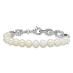 Sterling Silver Rhodium-plated 7-8mm Round White Freshwater Cultured Pearl and Link 8 inch Bracelet QH5844-8