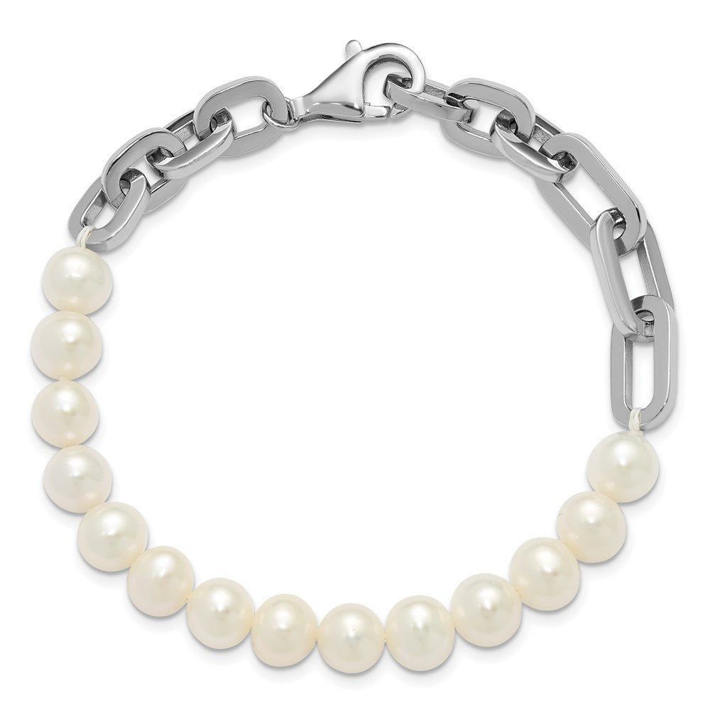Sterling Silver Rhodium-plated 7-8mm Round White Freshwater Cultured Pearl and Link 8 inch Bracelet QH5844-8