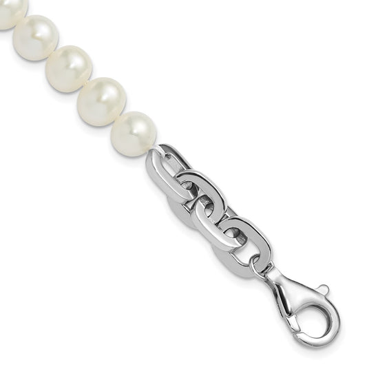 Sterling Silver Rhodium-plated 7-8mm Round White Freshwater Cultured Pearl and Link 8 inch Bracelet QH5844-8