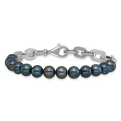 Sterling Silver Rhodium-plated 7-8mm Round Black Freshwater Cultured Pearl and Link 8 inch Bracelet QH5845-8