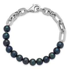 Sterling Silver Rhodium-plated 7-8mm Round Black Freshwater Cultured Pearl and Link 8 inch Bracelet QH5845-8